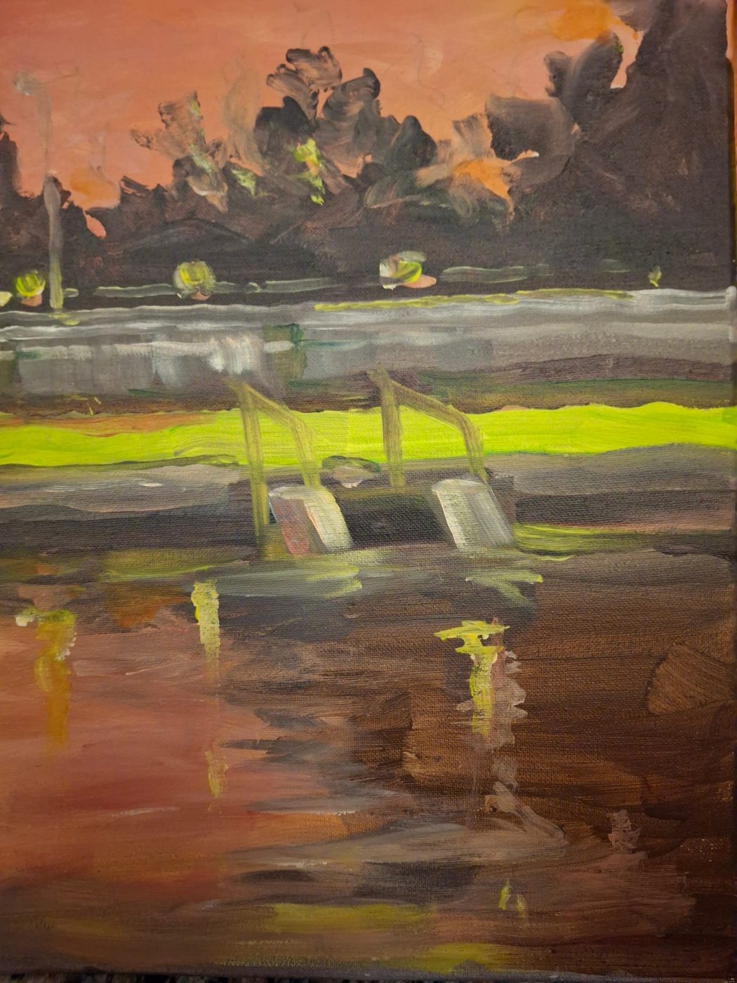 Landscape painting by Irina Lapin: a dark treeline and dock ladder mirrored in water under a glowing sunset sky