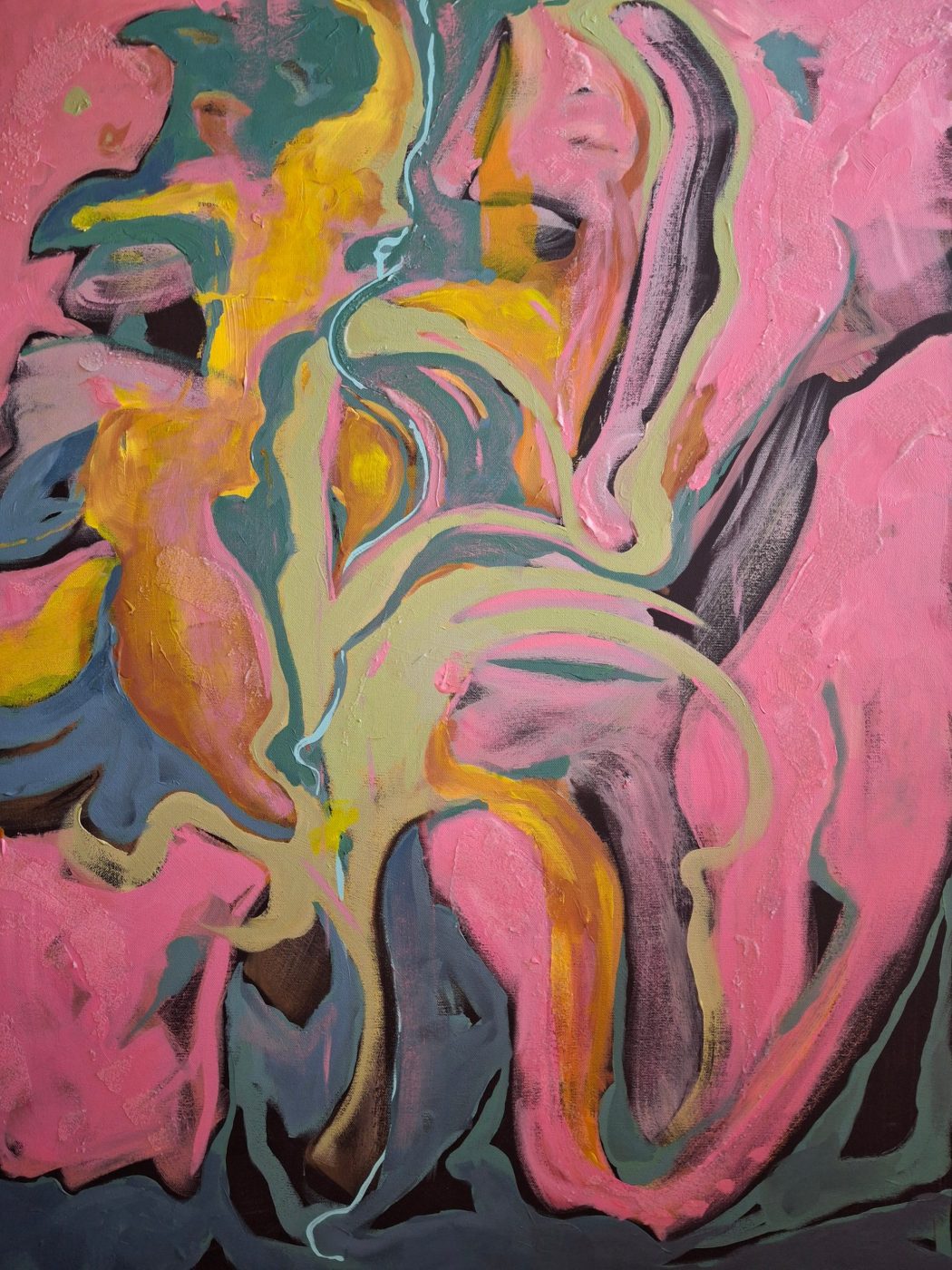 Abstract acrylic painting Attached by Irina Lapin: swirling ribbons of ochre, teal and sage winding through a rose-pink ground