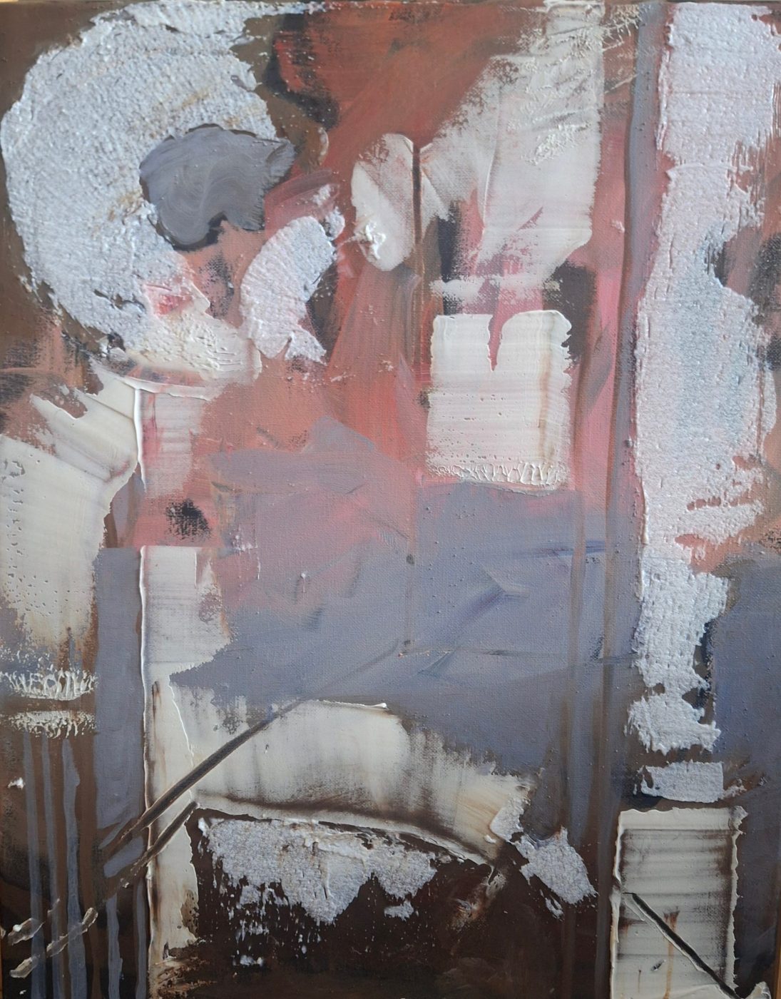 Abstract acrylic painting Bridge by Irina Lapin: textured white and lavender strokes arching over a dark plum and slate ground
