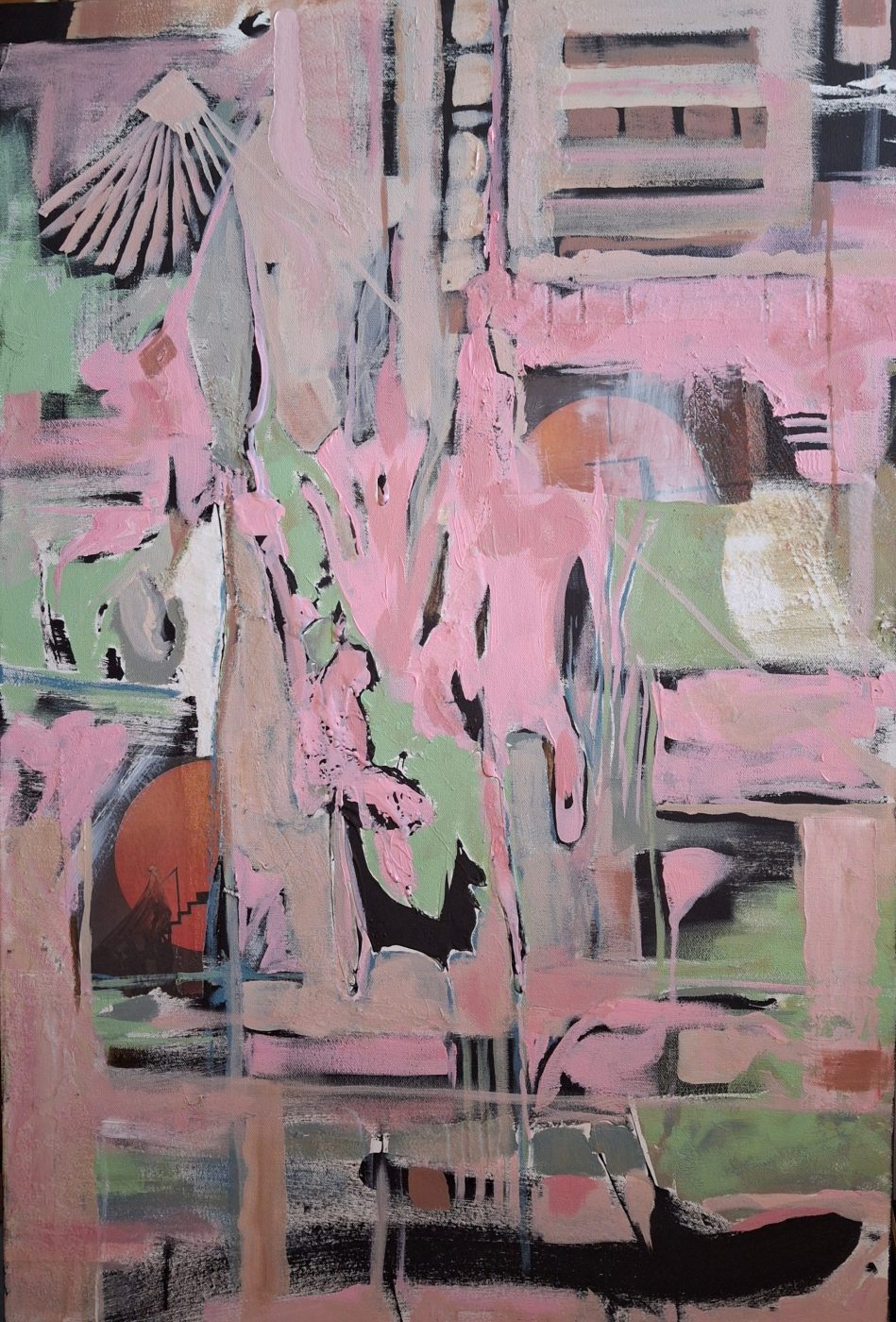 Abstract acrylic painting Daydream by Irina Lapin: a layered grid of pink, sage and charcoal with drips, stripes and a small scallop-shell form