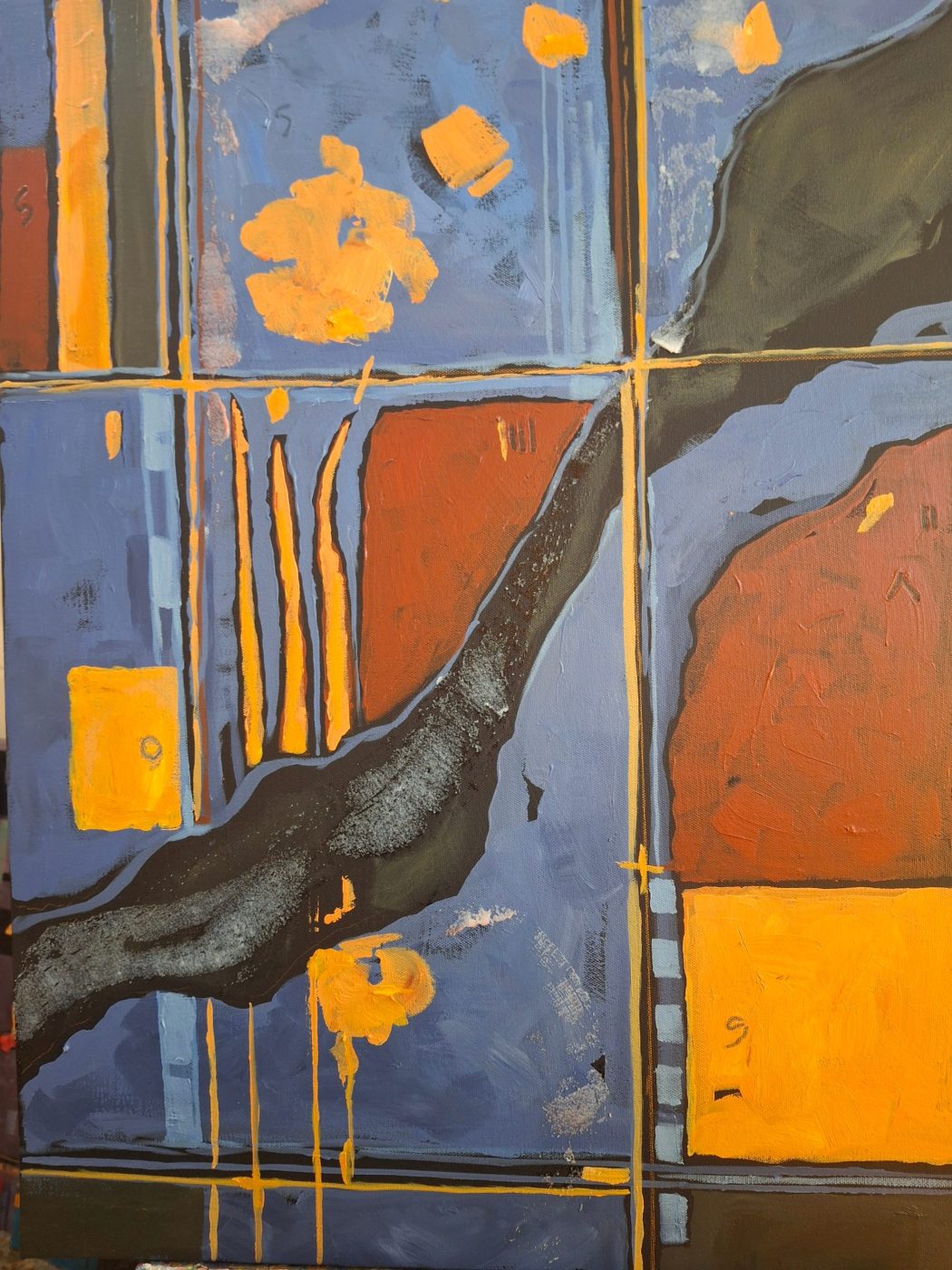 Abstract acrylic painting Detour by Irina Lapin: a winding black river cutting through periwinkle, rust and golden-yellow blocks with dripping gold accents