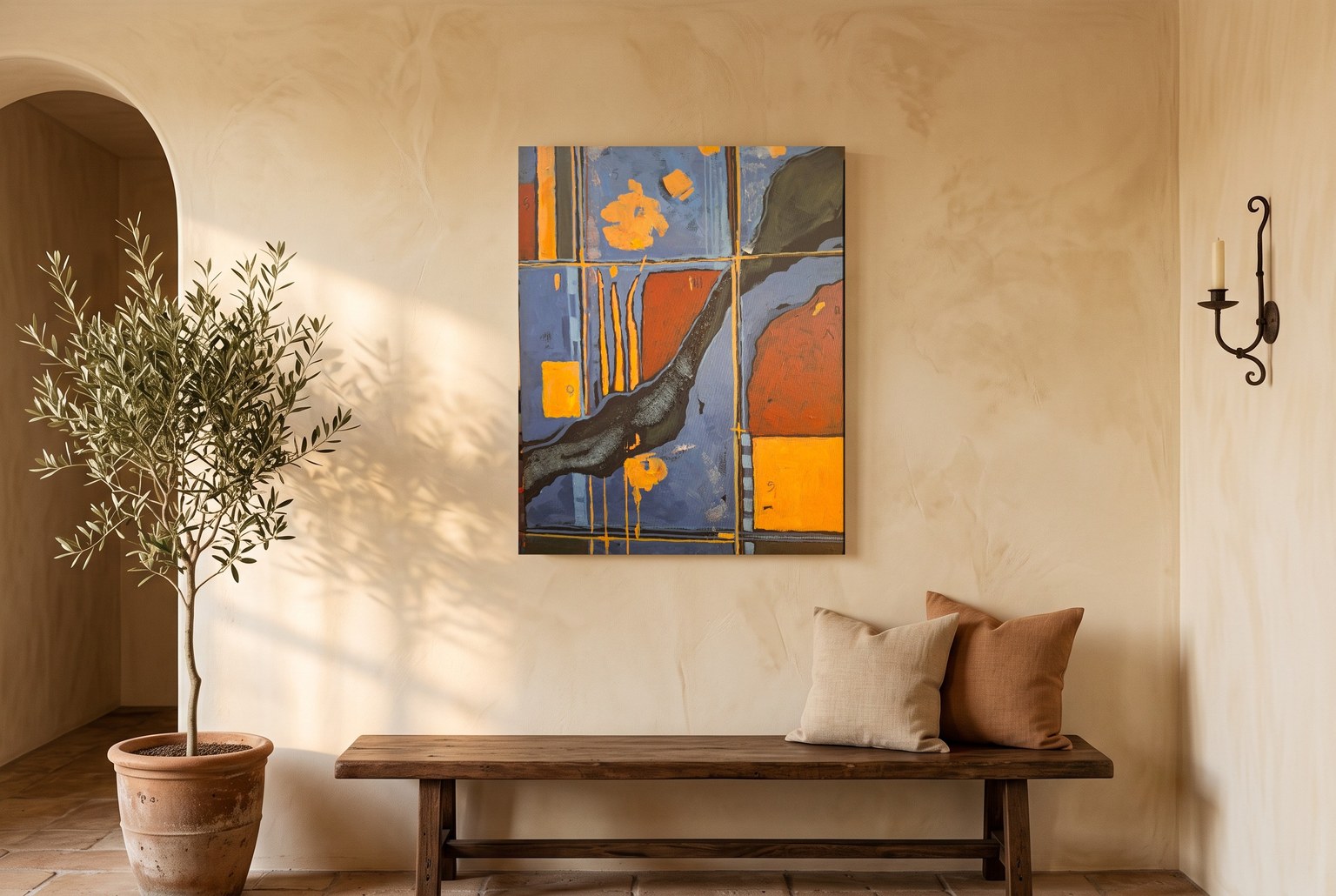 Detour, a 24 by 30 inch abstract painting by Irina Lapin, in a warm plaster hallway above a rustic wood bench beside an olive tree