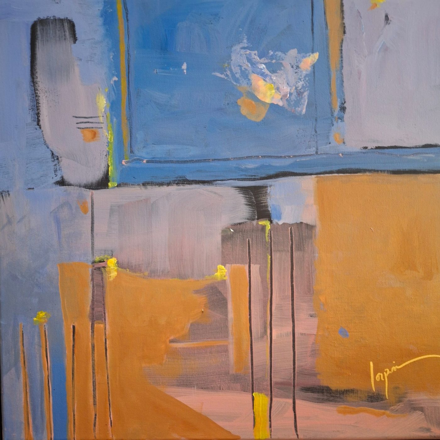 Abstract acrylic painting Disconnected by Irina Lapin: blue, lilac and ochre blocks that slip out of line, with thin vertical drips and a small burst of yellow