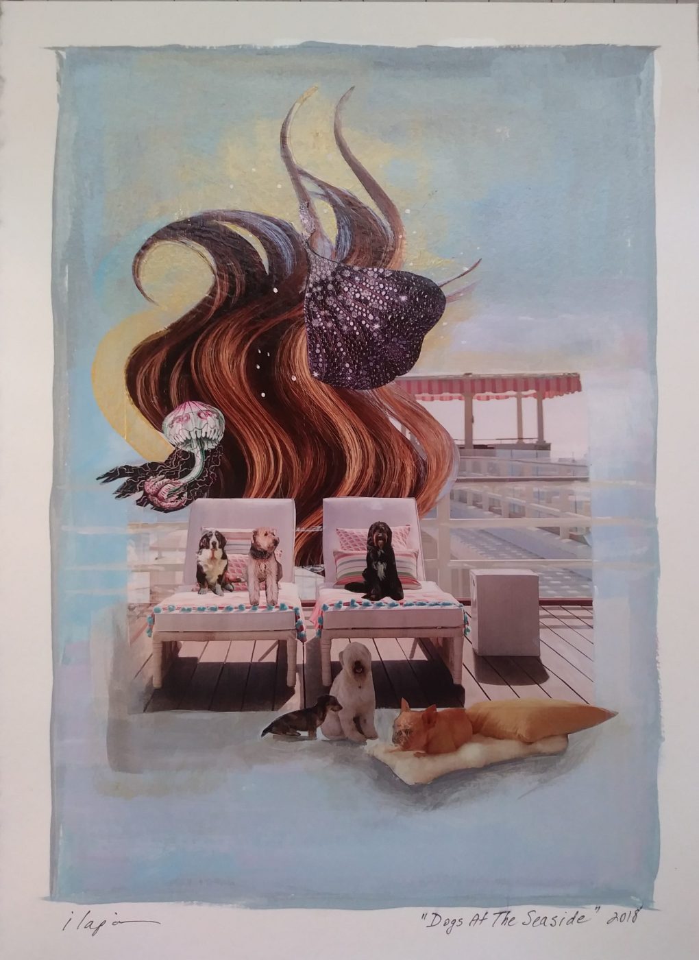 Surreal collage Dogs at the Seaside by Irina Lapin: windswept auburn hair and a feathered bird above lounging dogs on a seaside deck