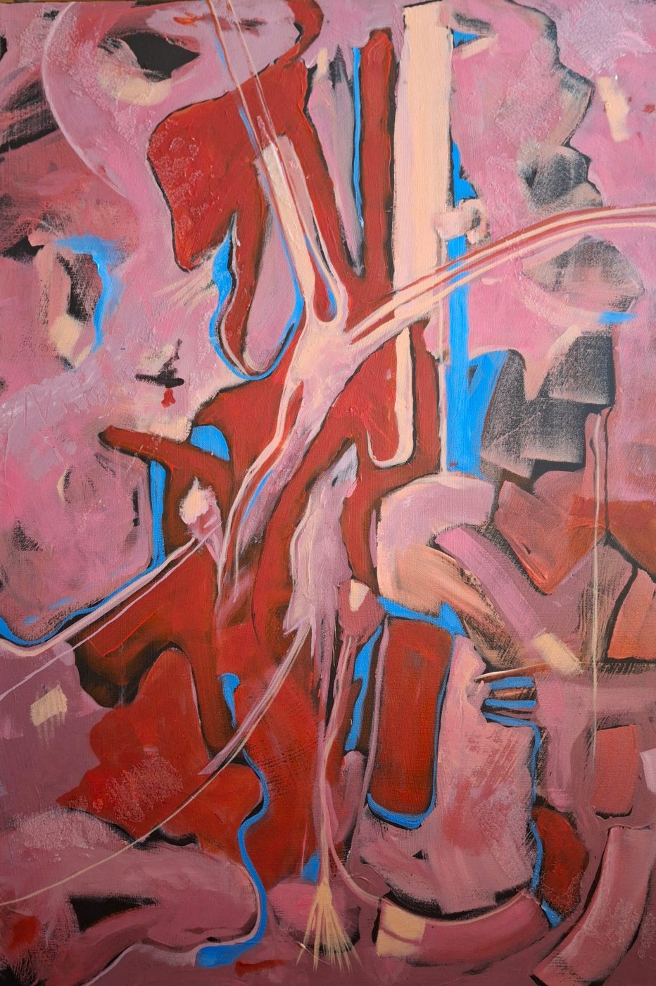 Abstract acrylic painting Ebb & Flow by Irina Lapin: oxblood-red shapes and fine cream lines flowing through pink, with flashes of bright blue