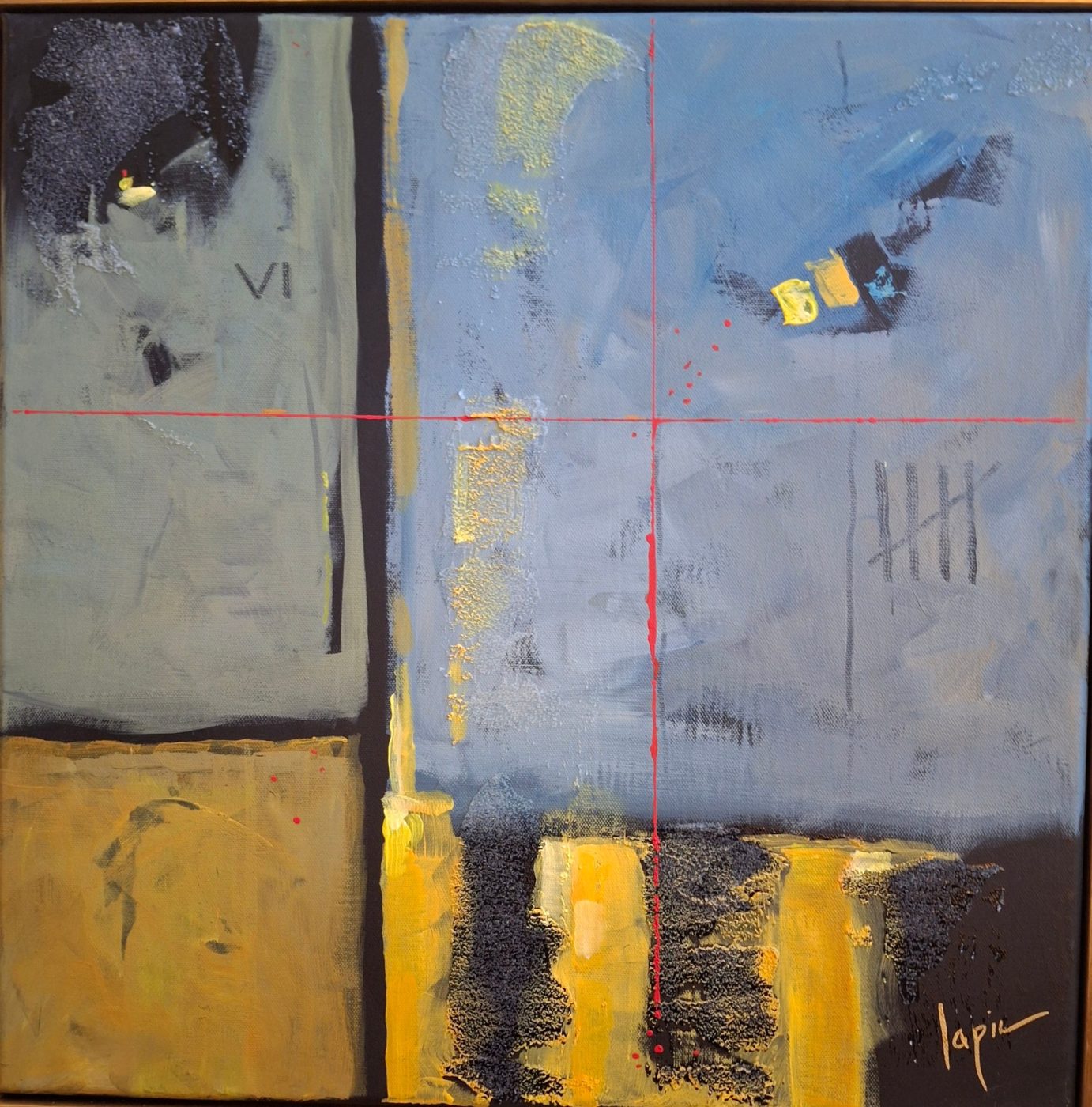 Abstract acrylic painting Flight by Irina Lapin: a slate-blue field crossed by thin red lines, with tally marks, a "VI" and ochre-yellow drips along the base