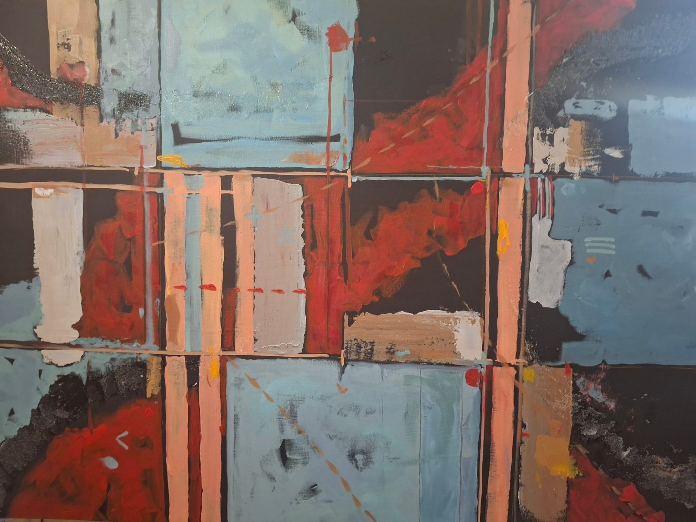 Wide abstract acrylic painting Geo Quilt by Irina Lapin: a patchwork grid of brick red, teal and blush panels with vertical drip lines