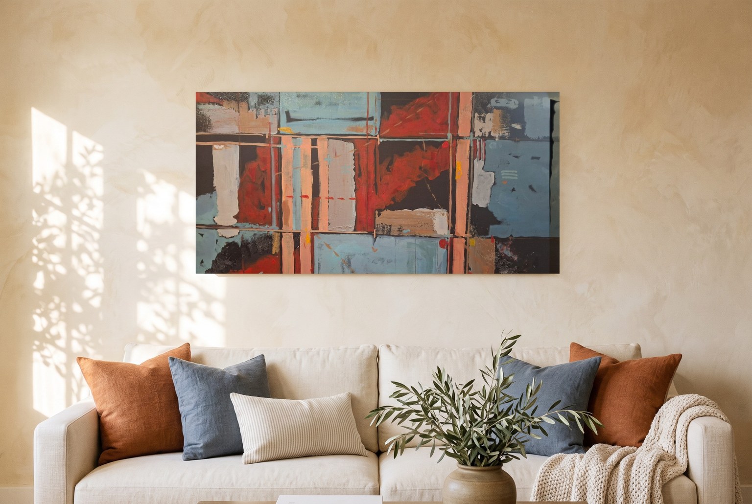 Geo Quilt, a 40 by 20 inch abstract painting by Irina Lapin, above a cream linen sofa with rust and slate-blue pillows