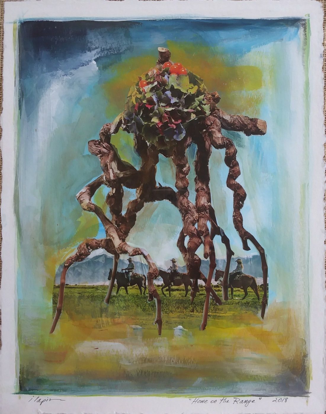 Surreal collage Home on the Range by Irina Lapin: a tangle of driftwood roots rising like a creature over grazing horses on a green plain