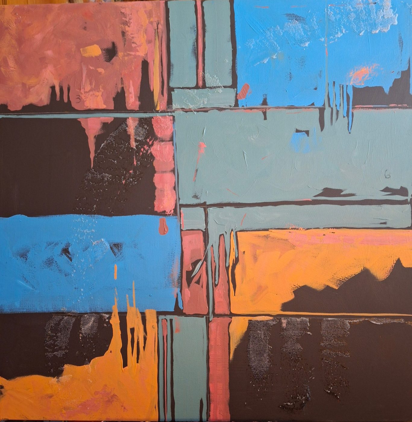 Abstract acrylic painting Hot & Cool by Irina Lapin: a patchwork of warm orange and coral blocks against cool sky-blue and grey-blue, with dark drips