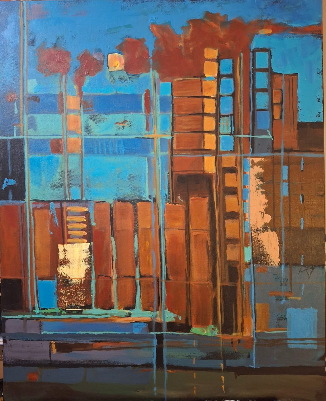 Abstract acrylic painting Industrial by Irina Lapin: rust-red stacked towers and scaffold-like verticals against layered sky blues