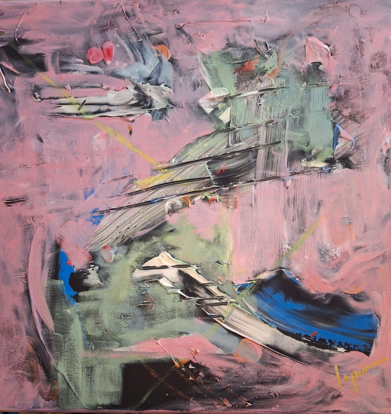 Abstract acrylic painting Leapfrog by Irina Lapin: loose sage-green and white brushwork sweeping across a dusty-pink ground with a flash of cobalt blue