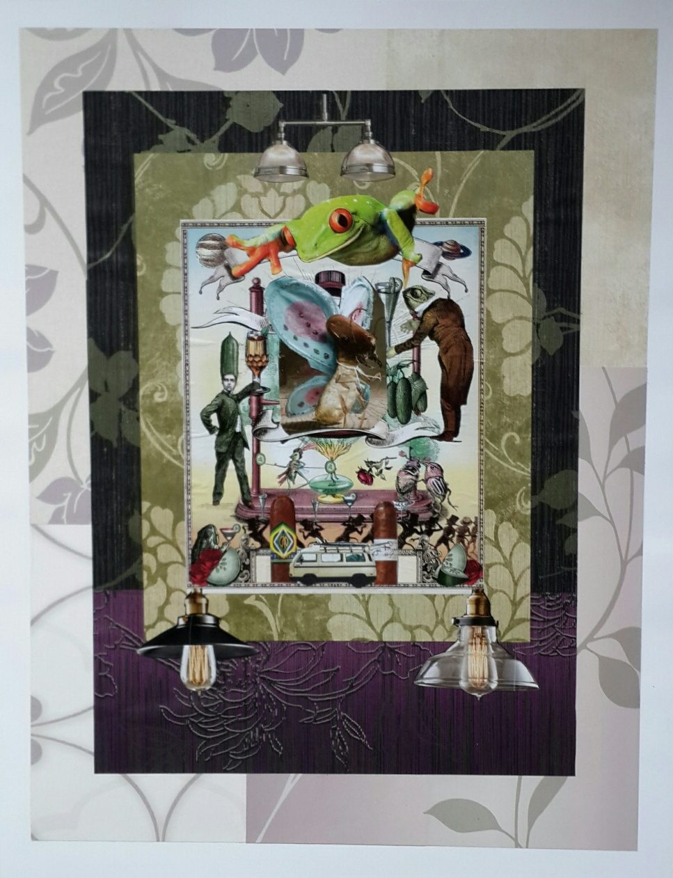 Large framed collage Look Before You Leap by Irina Lapin: a leaping frog crowning a cabinet of birds, animals and figures on botanical wallpaper