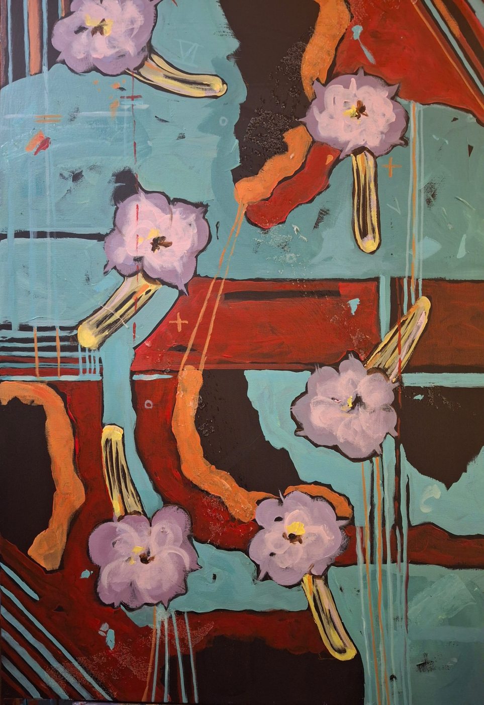 Abstract acrylic painting Mambo from Irina Lapin's Dance Trilogy: lavender blossoms and golden stems swirling over turquoise and brick-red shapes