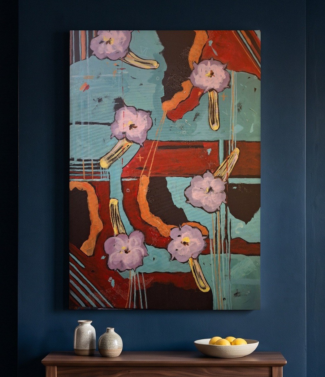 Mambo, a 24 by 36 inch abstract painting by Irina Lapin, on a navy dining room wall above a walnut console with stoneware vases and a bowl of lemons