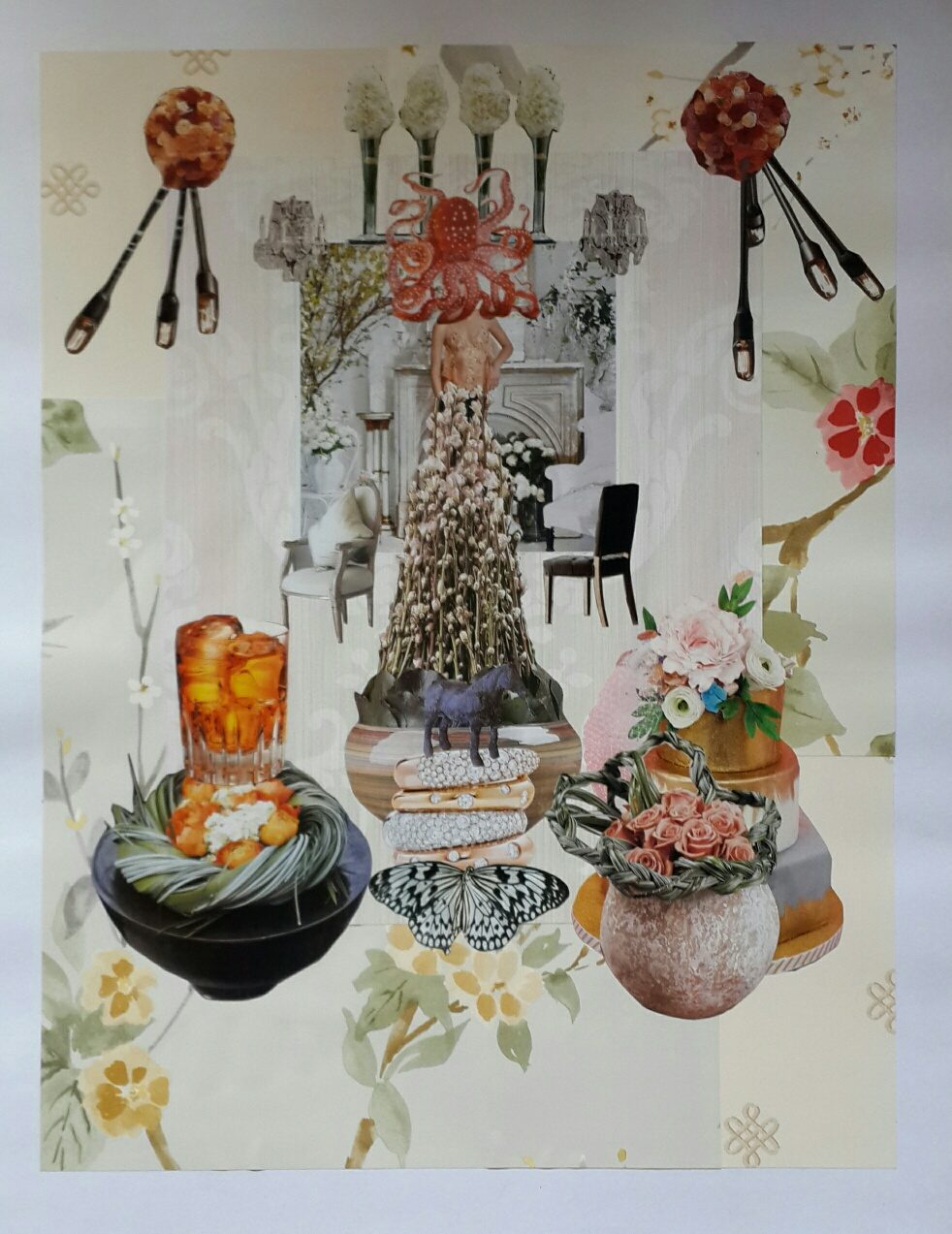 Large framed collage Masquerade by Irina Lapin: a chandelier-like figure, spoons and forks, iced tea and a butterfly on floral wallpaper
