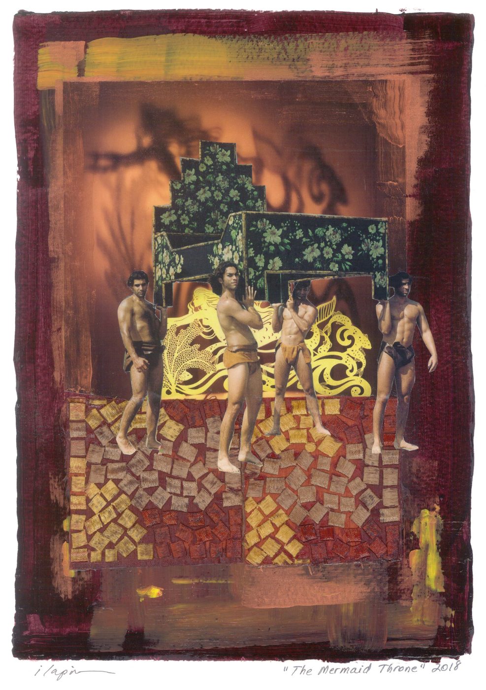 Surreal collage Mermaid Throne by Irina Lapin: golden classical figures before an ornate throne on a mosaic floor in deep burgundy