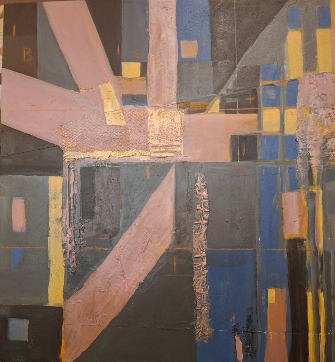 Abstract acrylic painting No. 18 by Irina Lapin: intersecting blush-pink diagonal bands over a grid of charcoal, navy and ochre blocks