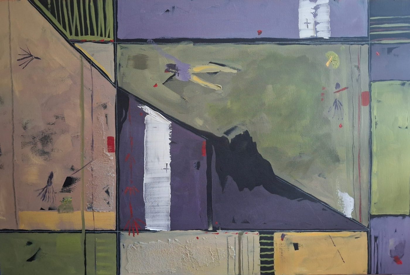 Abstract acrylic painting Not a Cat by Irina Lapin: sage green and violet planes split by a sharp diagonal with small linear marks
