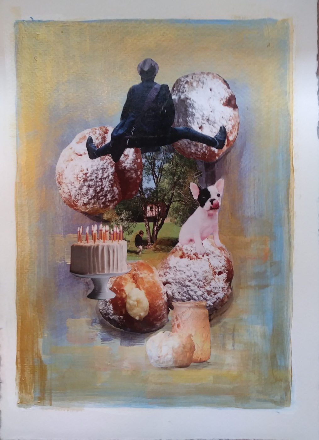 Surreal collage Over the Moon by Irina Lapin: a man in a suit leaping over giant mushrooms, a small dog and a birthday cake