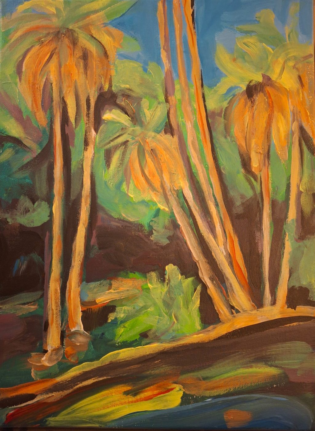 Landscape painting Palms by Irina Lapin: tall golden palm trunks against a deep blue sky over green undergrowth