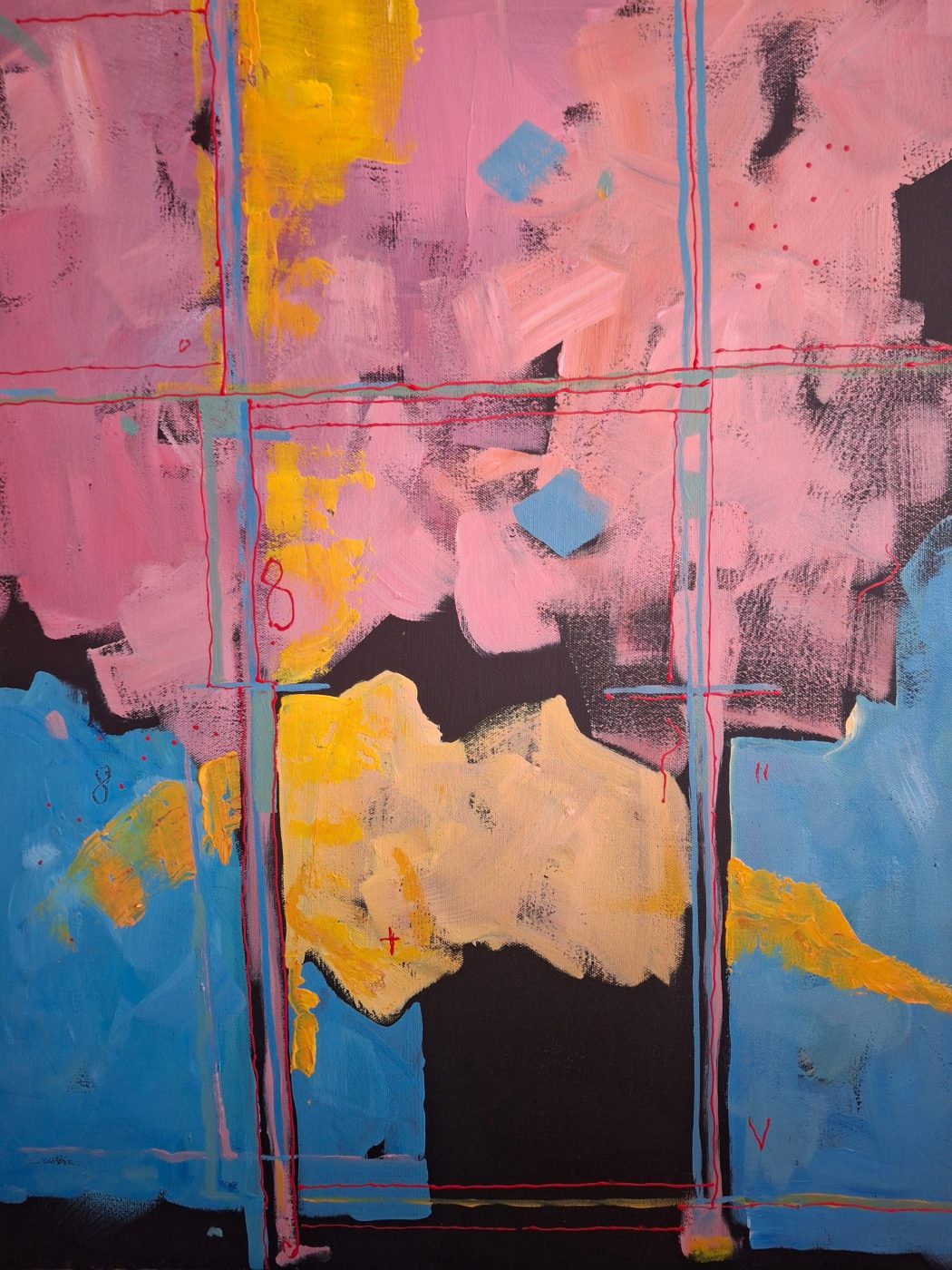 Abstract acrylic painting Pink Storm by Irina Lapin: clouds of bubblegum pink and golden yellow over deep blue and black