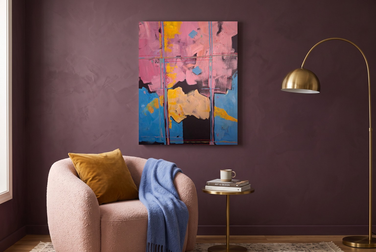 Pink Storm, a 24 by 30 inch abstract painting by Irina Lapin, on a plum wall above a blush boucle chair with a mustard cushion and blue throw