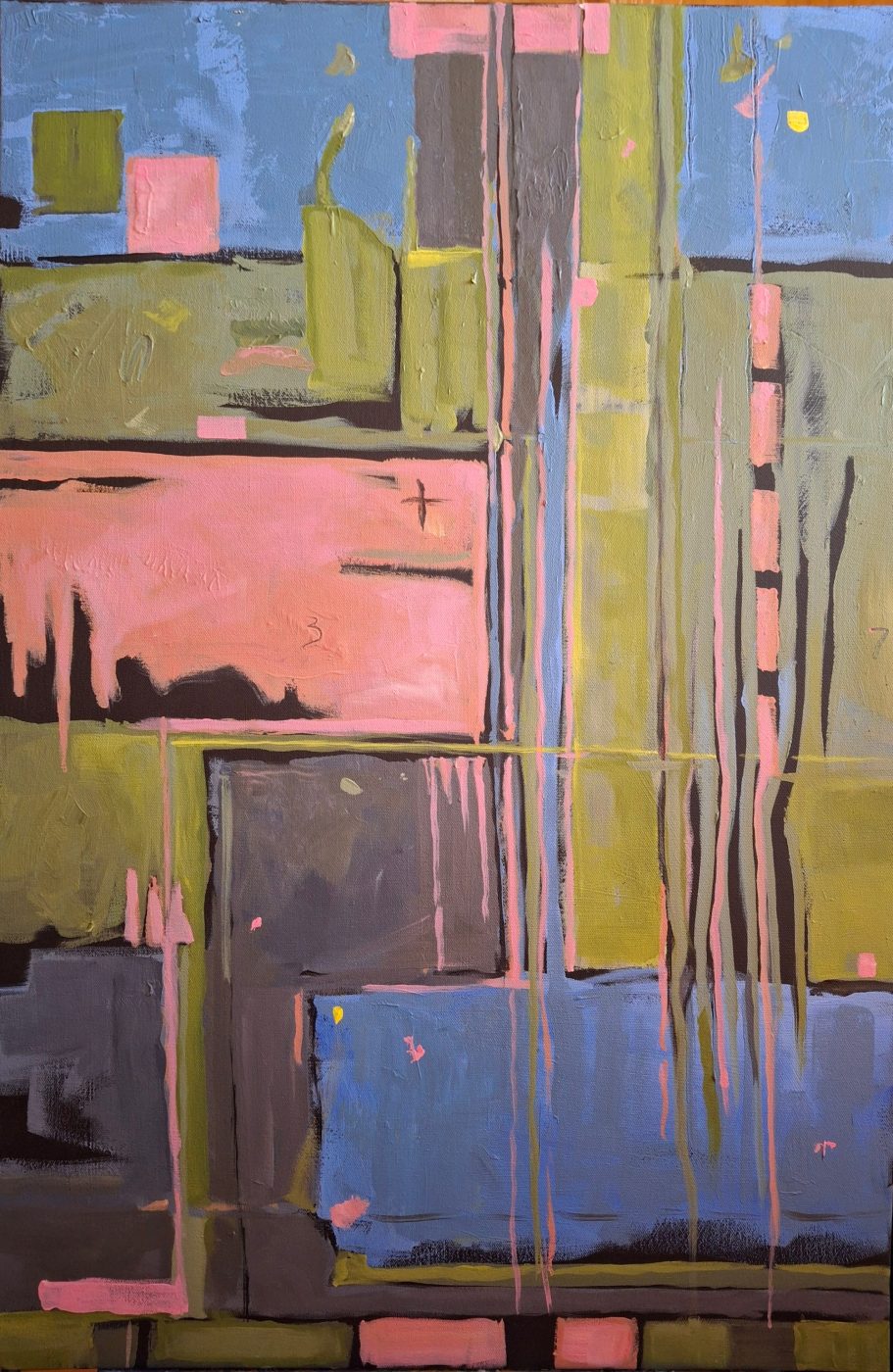 Abstract acrylic painting Reeds by Irina Lapin: vertical reed-like stripes of olive, pink and blue over a stacked grid with a cobalt block near the base