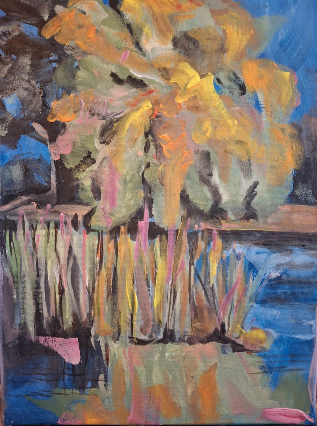 Landscape painting Reeds by Irina Lapin: a golden tree over pale reeds at the edge of blue water