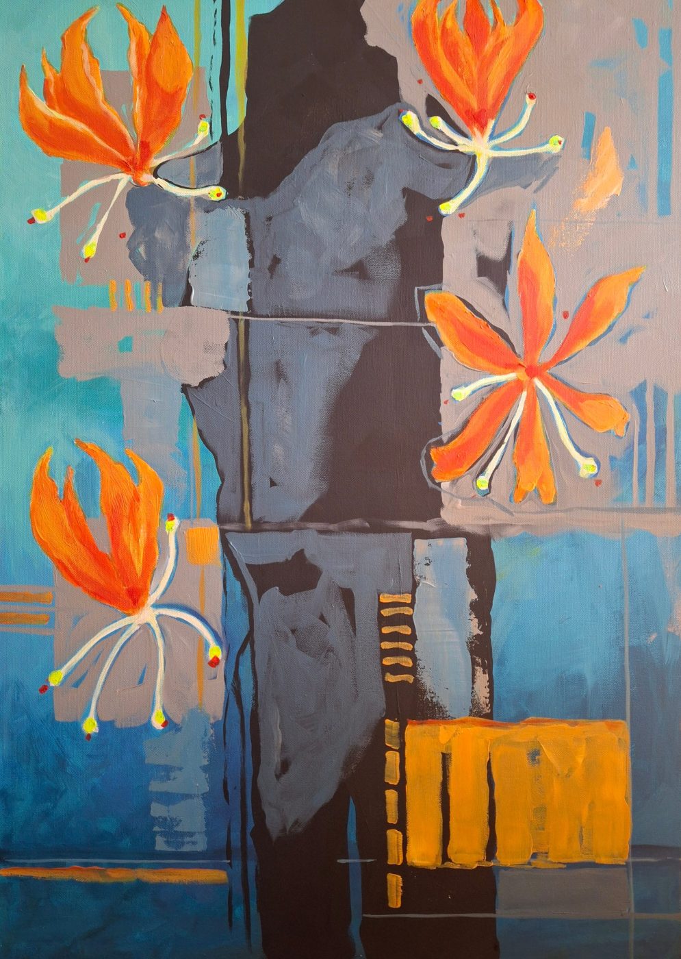 Abstract acrylic painting Salsa from Irina Lapin's Dance Trilogy: fiery orange lilies bursting across grey and turquoise blocks