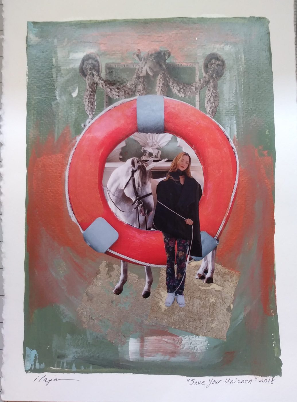 Surreal collage Save Your Unicorn by Irina Lapin: a woman and a white unicorn framed by a red life preserver on sage and coral paint