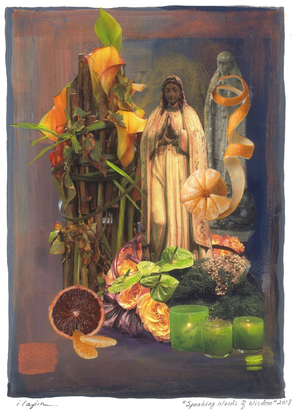 Surreal collage Speaking Words of Wisdom by Irina Lapin: a Madonna statue amid orchids, citrus slices and green glass on a dark ground