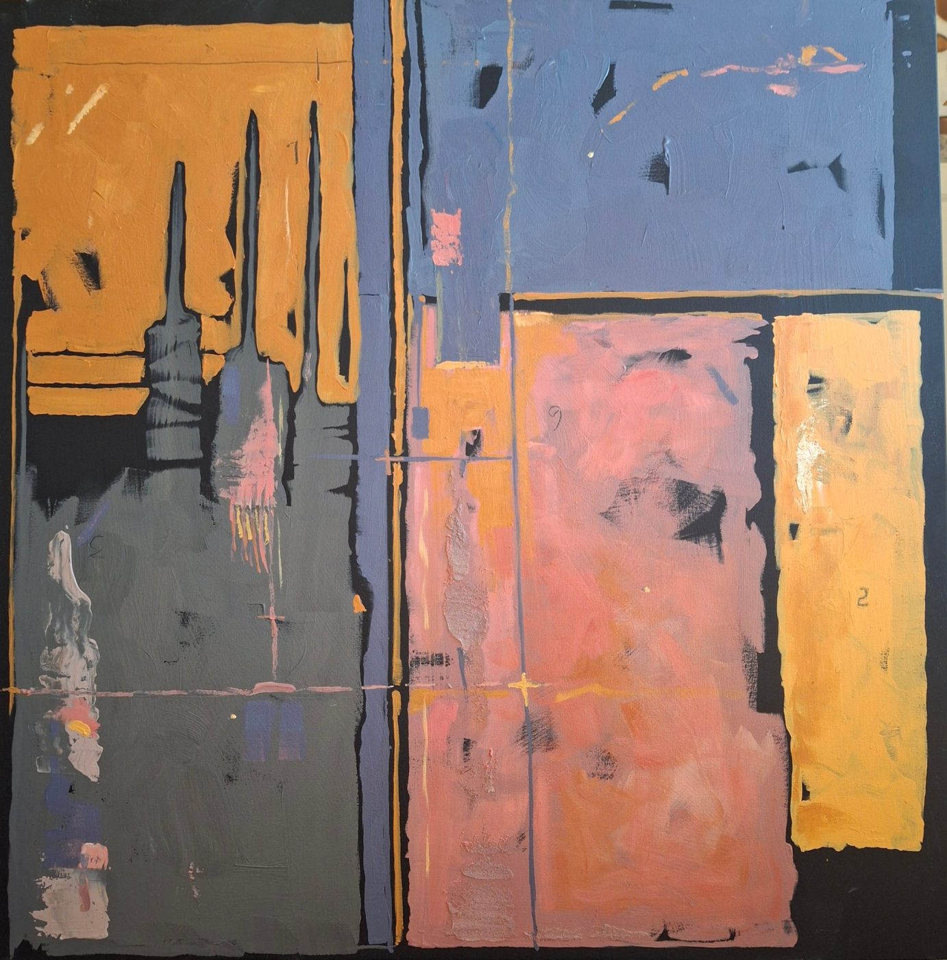 Abstract acrylic painting Spires by Irina Lapin: tall grey spire shapes rising into an ochre band beside slate-blue, salmon and yellow panels
