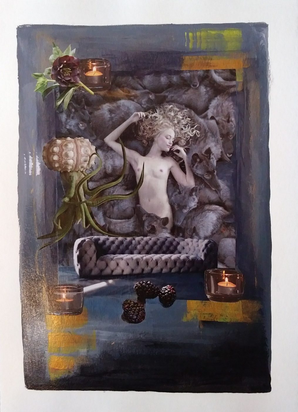 Surreal collage Sweet Dreams Are Made of This by Irina Lapin: a reclining sculpted nude above a tufted sofa and candles in smoky blue-grey