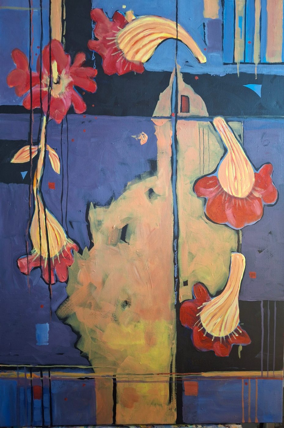 Abstract acrylic painting Tango from Irina Lapin's Dance Trilogy: red and cream trumpet flowers falling across navy panels and a golden form