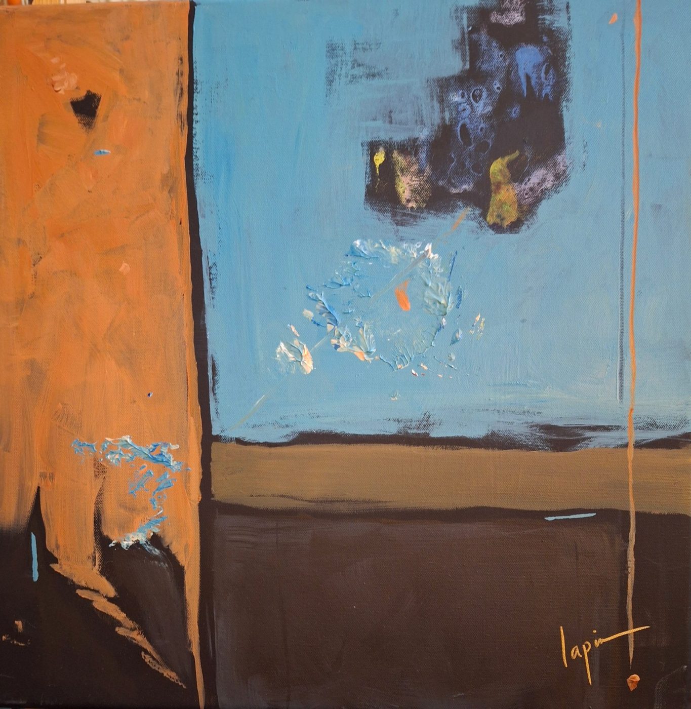 Abstract acrylic painting Texas by Irina Lapin: an orange vertical band beside a sky-blue field with a dark cloud-like mass, over brown and black ground bands