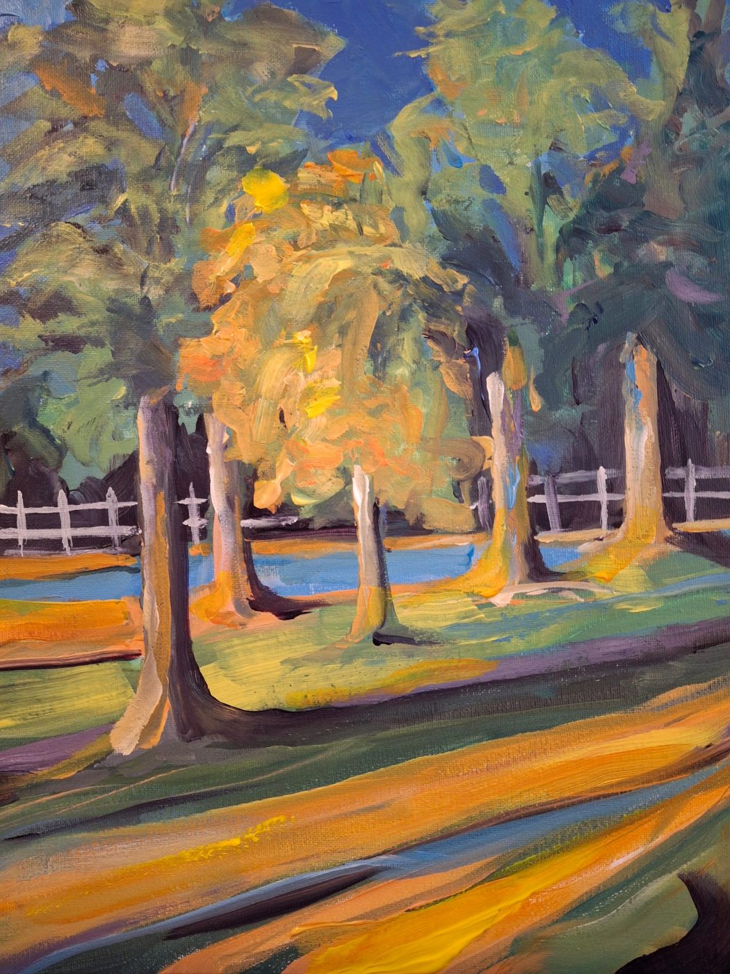 Landscape painting The Greenway by Irina Lapin: sunlit trees casting long shadows across a path beside a white fence