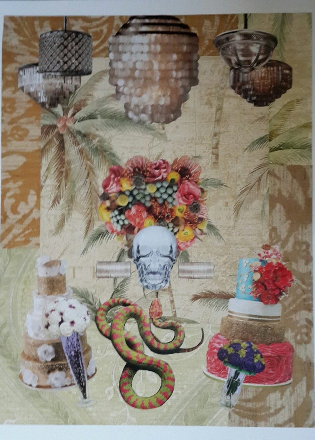 Large framed collage Tropicana by Irina Lapin: a flower-crowned skull, coiled snake and cakes against palm-print wallpaper and hanging lamps