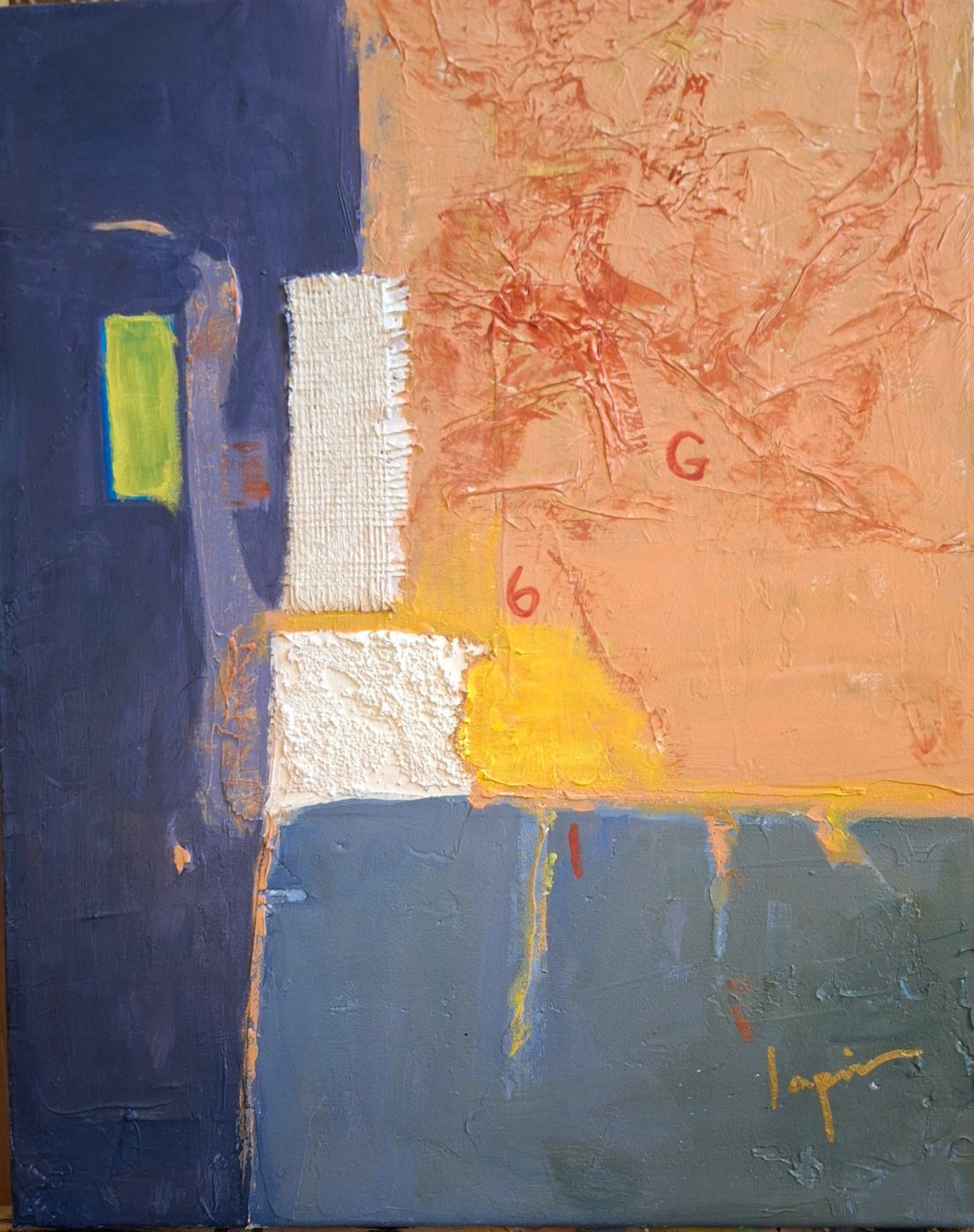 Abstract acrylic painting White Flag by Irina Lapin: a textured white patch and lime-green accent between deep navy and a scraped peach field, over grey-blue